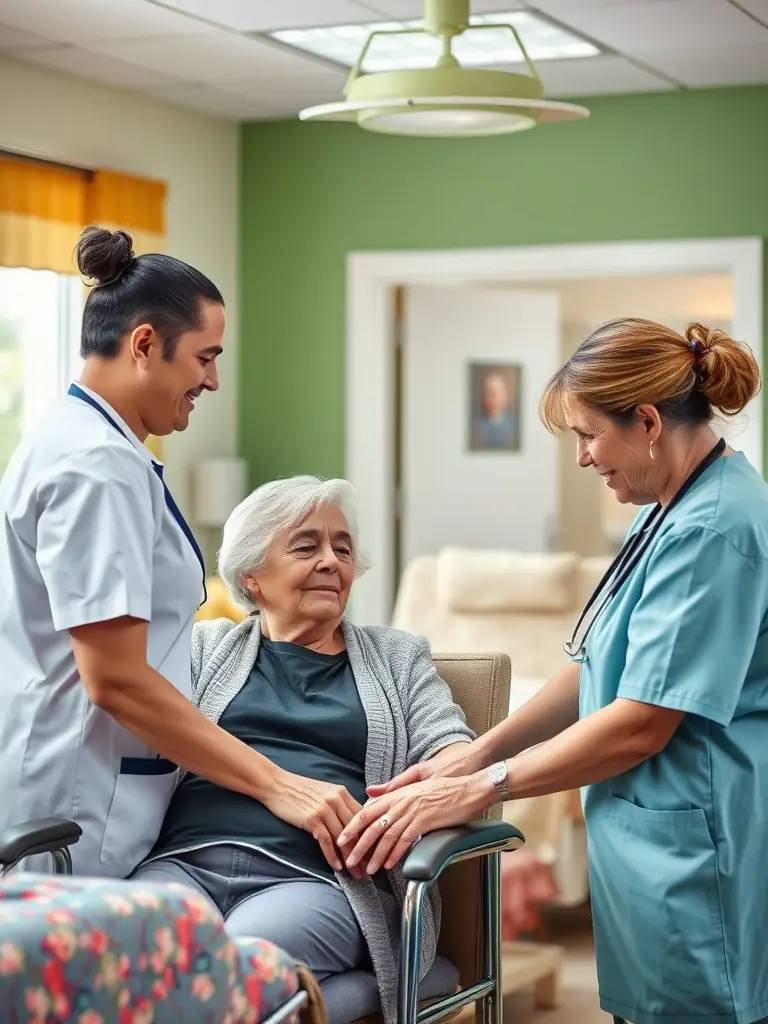 A skilled nursing facility with healthcare professionals providing medical care and rehabilitation services to seniors recovering from illness or injury.