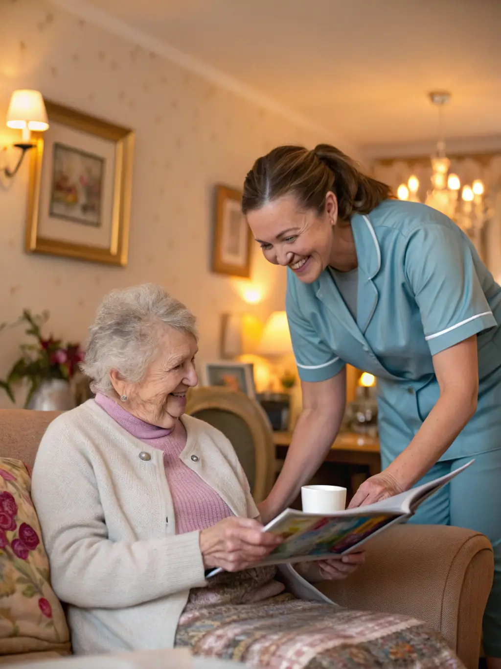 A compassionate caregiver assisting a senior with daily tasks in a comfortable assisted living setting, emphasizing personalized care and support.