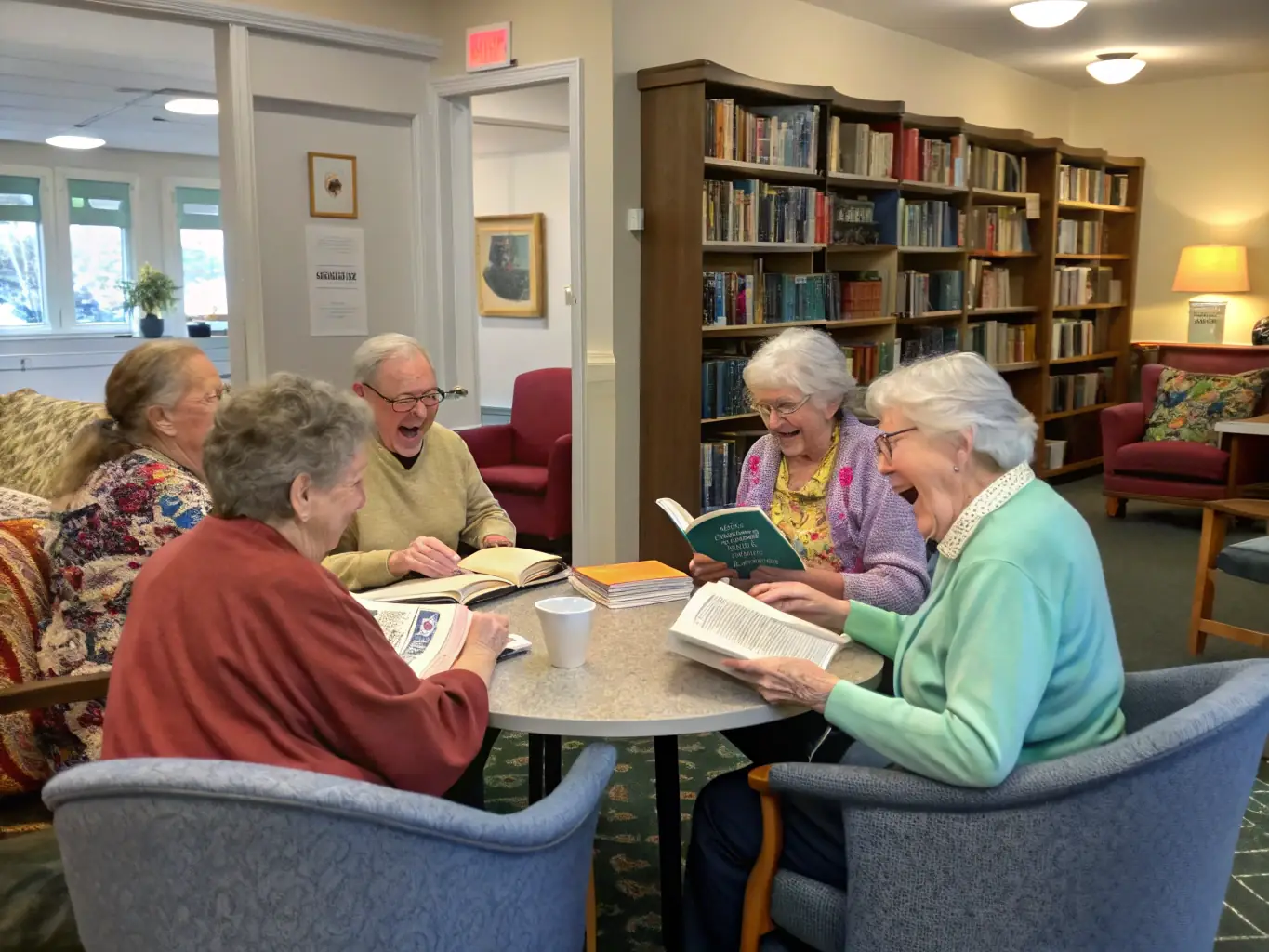 A serene image of seniors enjoying a book club meeting in a sunlit independent living community common area.
