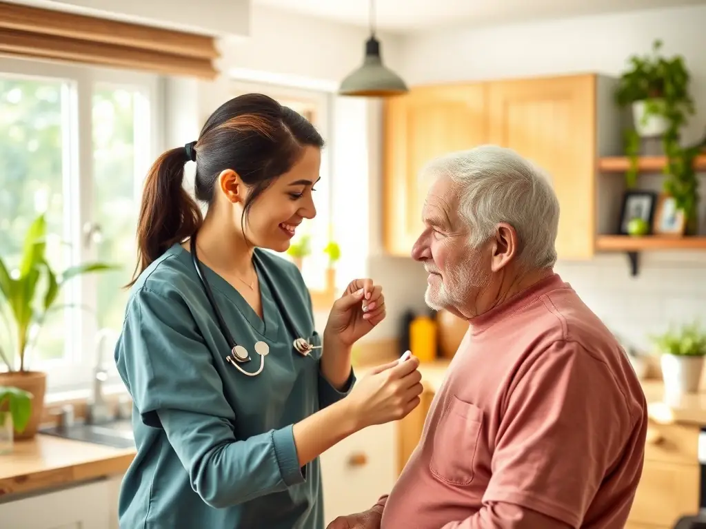 A warm and inviting image of a caregiver assisting a senior with medication in an assisted living setting.